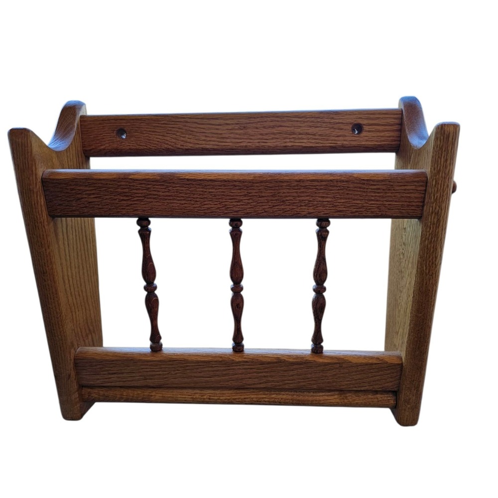 Vtg. Solid Oak Wood Wall Mount Spindle Magazine Rack - Handmade Oregon 1990's